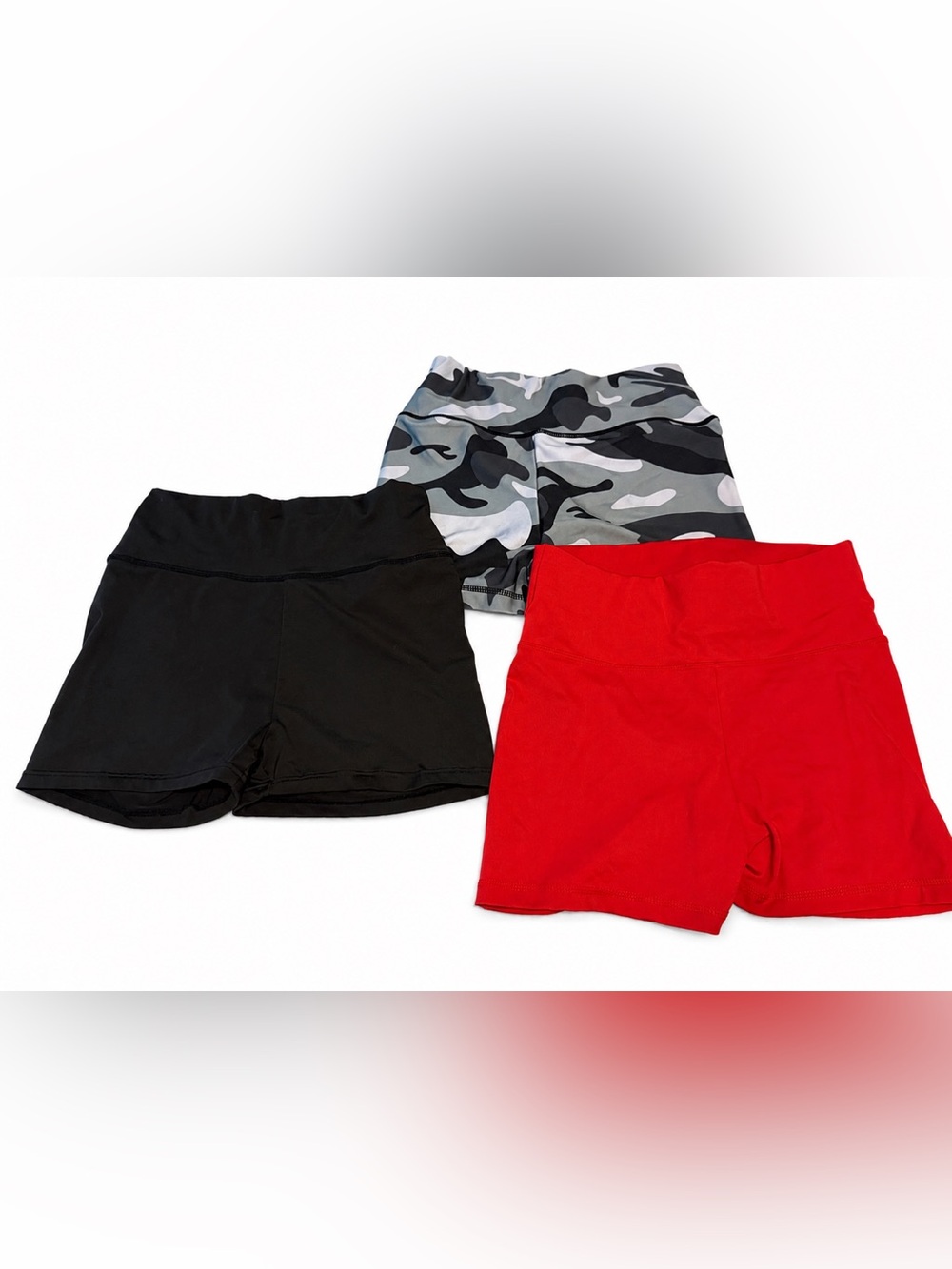 Women’s Bike Shorts Trio - Black, Red, Gray Camo